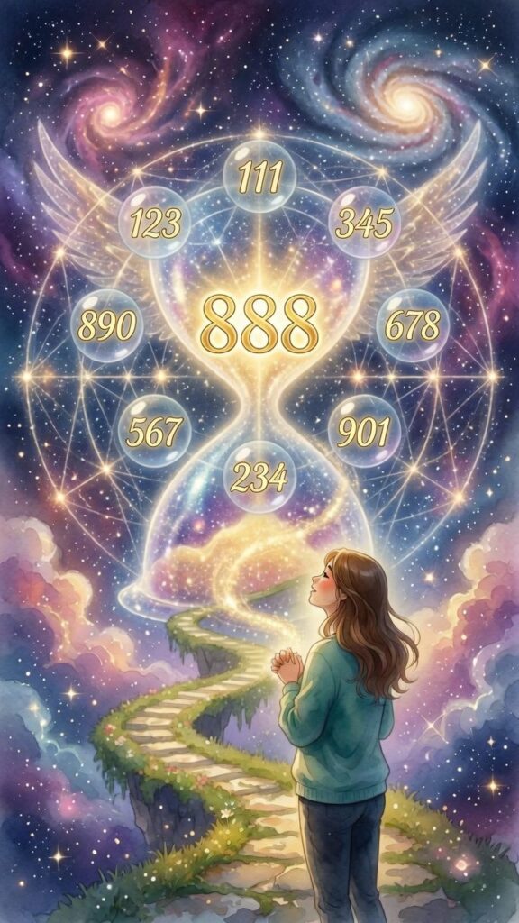 A woman stands on a winding path under a cosmic sky, gazing at glowing angel numbers and an hourglass shape formed by stars and galaxies.