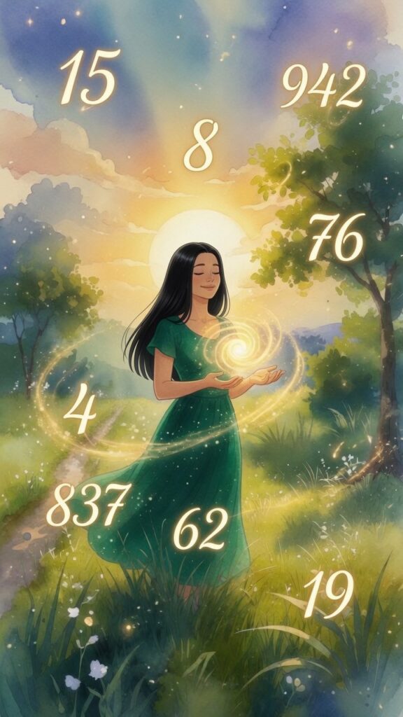 A woman in a green dress stands in a sunlit field with glowing numbers floating around her and light swirling in her hands.