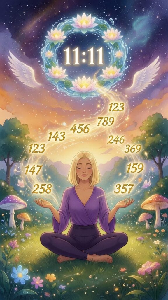 A woman meditates in nature, surrounded by floating numbers and mushrooms, with a glowing 11:11 inside a wreath with wings above her.