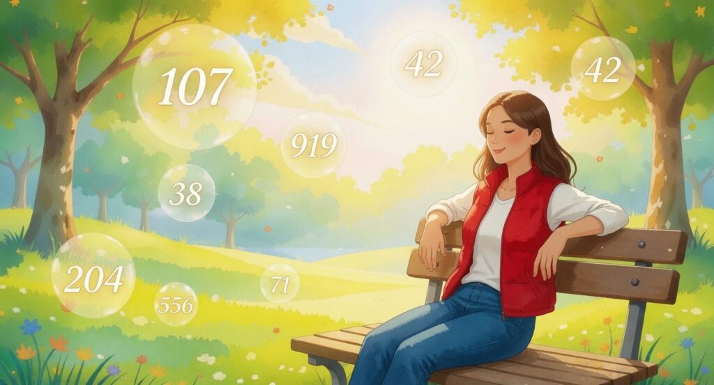 A woman sits on a park bench with eyes closed, surrounded by floating numbers in bubbles. Sunlight filters through trees in the background, representing how to manifest with angel numbers