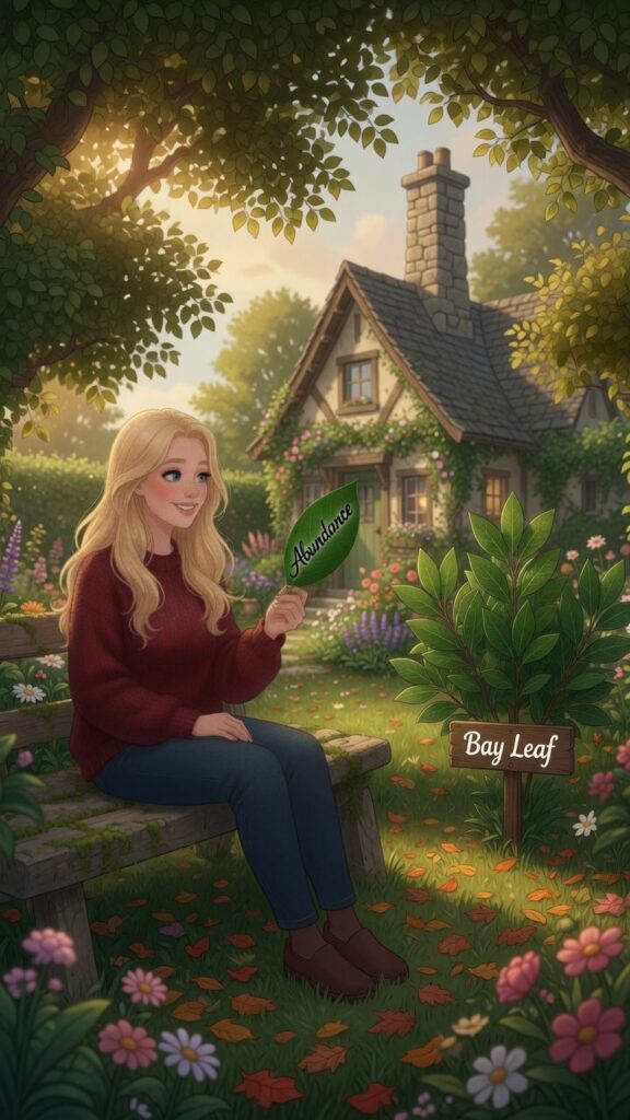 A woman sits on a bench in a garden, holding a leaf labeled "Abundance." A bay leaf plant is nearby, with a sign reading "Bay Leaf." A cottage is in the background.