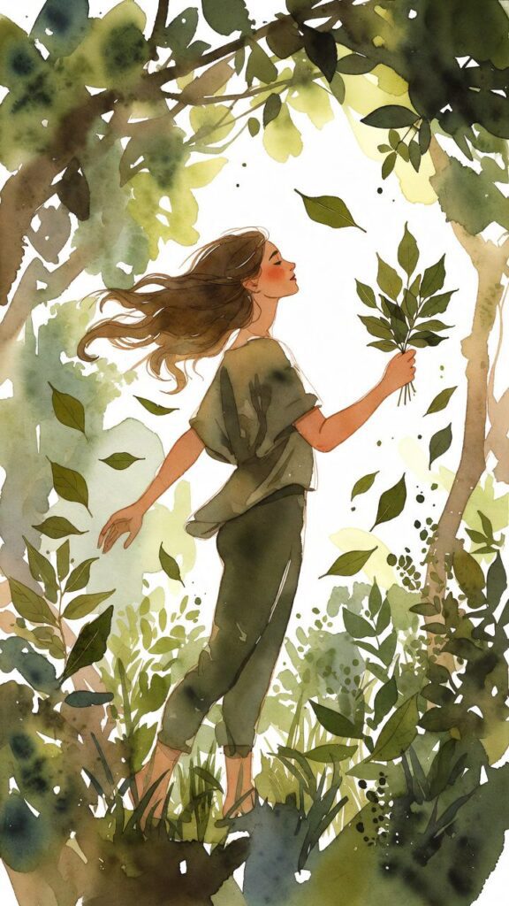 Watercolor illustration of a woman with long hair in green clothes holding leaves, standing in a lush, leafy forest with sunlight filtering through the trees.
