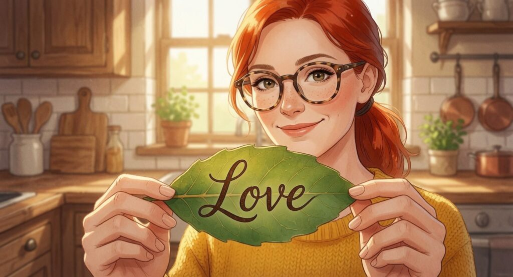 A woman with glasses holds a green leaf with the word "Love" written on it, standing in a cozy kitchen with sunlight streaming through a window. representing Manifest With Bay Leaves
