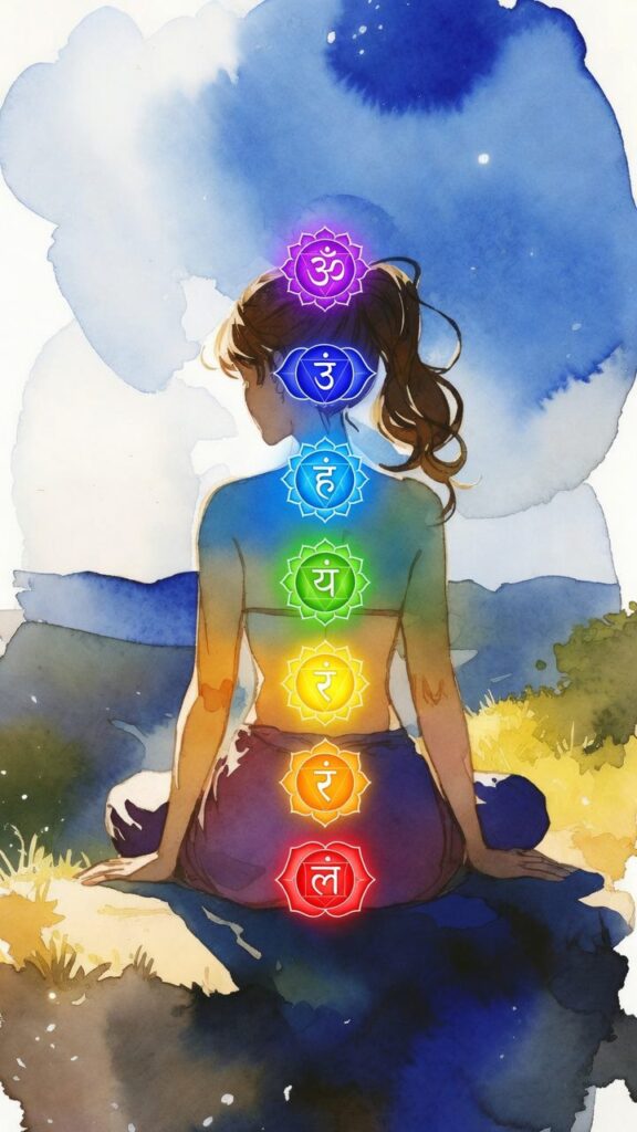 A woman sits cross-legged outdoors with seven colorful chakra symbols aligned along her spine, depicted in a watercolor style.