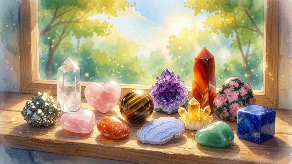 Various polished and raw crystals in different shapes and colors are arranged on a wooden windowsill, with sunlight and green trees visible outside.