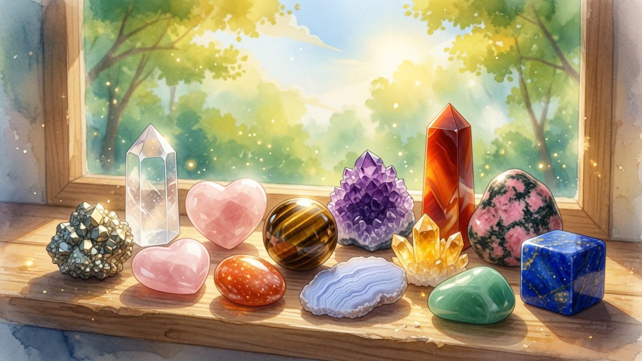 Various polished and raw crystals in different shapes and colors are arranged on a wooden windowsill, with sunlight and green trees visible outside.