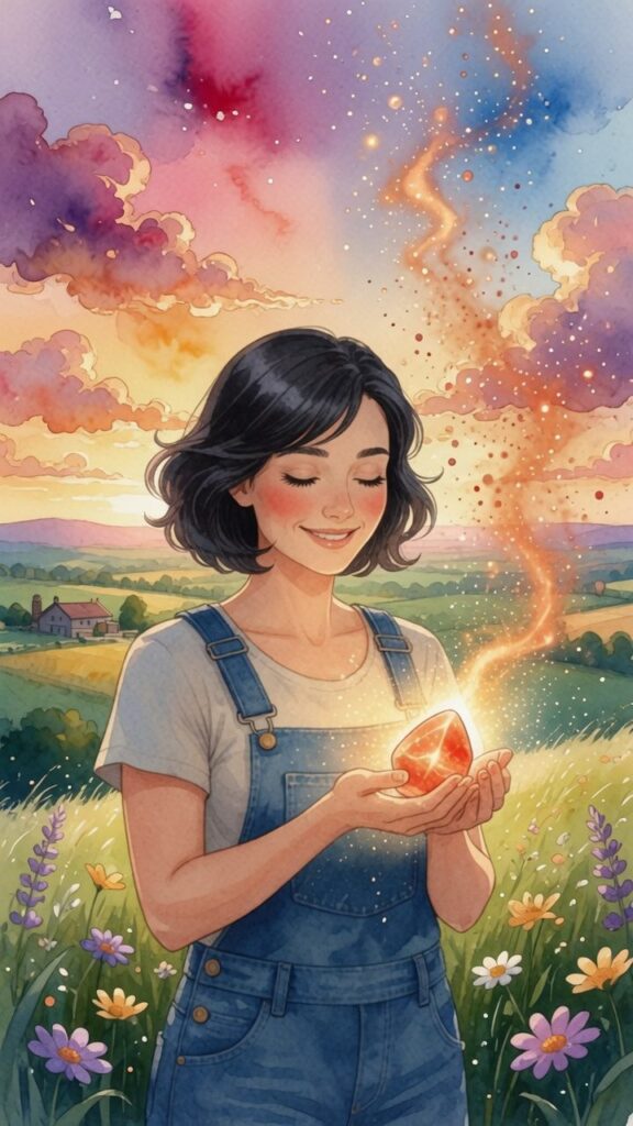 A woman in overalls stands in a field at sunset, smiling at a glowing crystal in her hands with sparkles rising from it. Wildflowers and a distant farmhouse are visible in the background, representing how to Manifest With Crystals