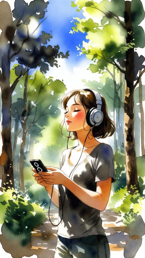 A woman wearing headphones listens to music on her phone while walking on a sunlit forest path surrounded by green trees.