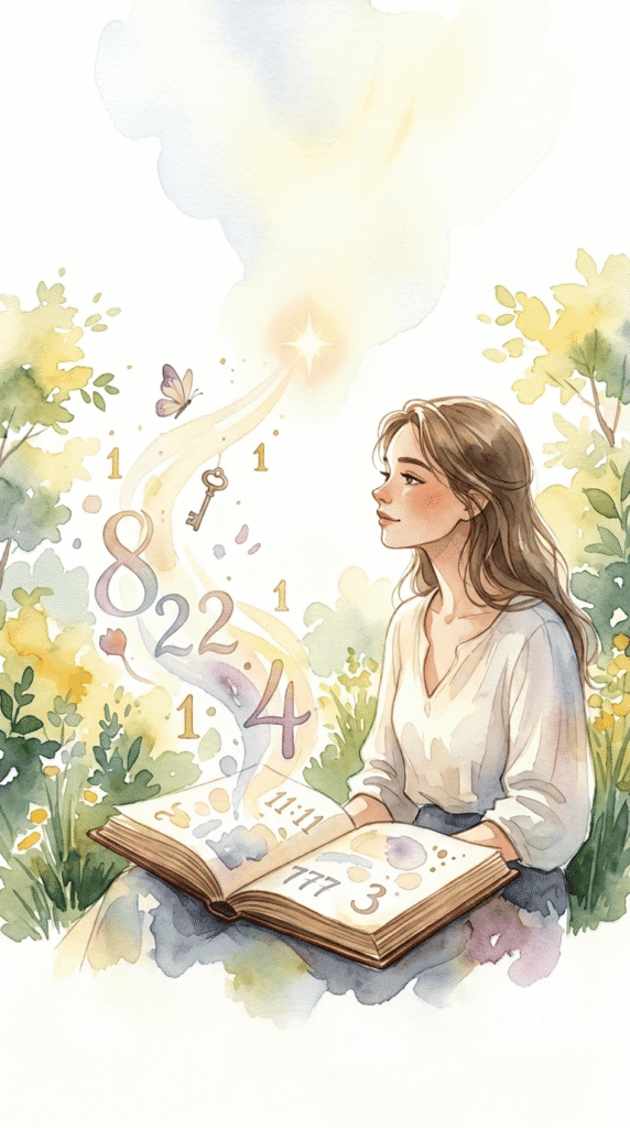 A woman sits in a garden with an open book, as numbers and symbols float upward in a magical swirl, surrounded by greenery and soft sunlight.