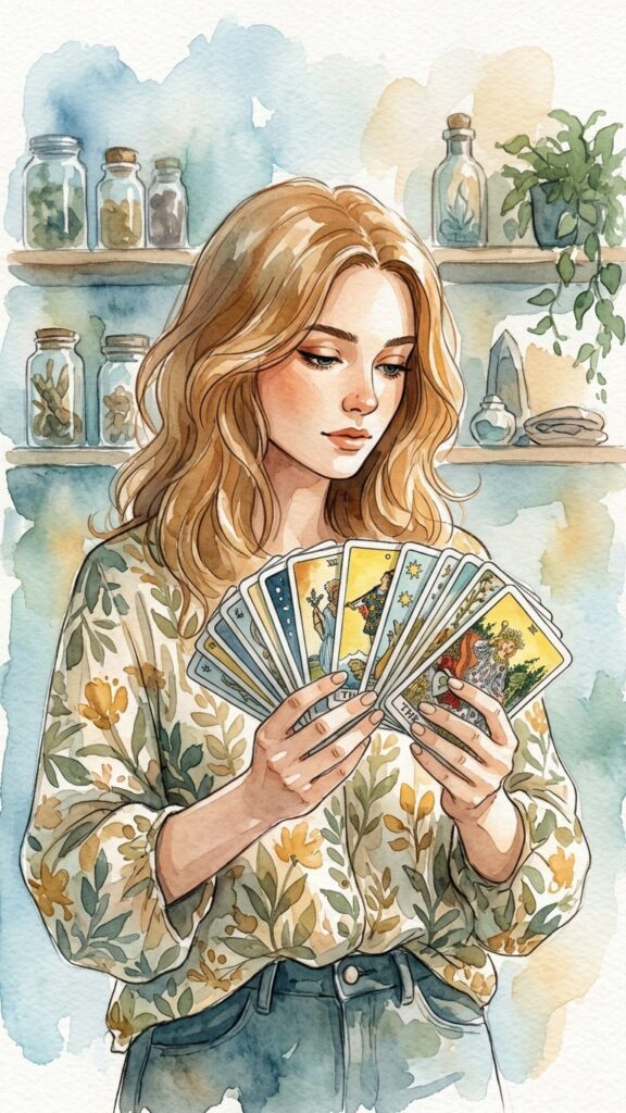 A woman with blonde hair holds and examines tarot cards in a room with shelves of jars and plants.