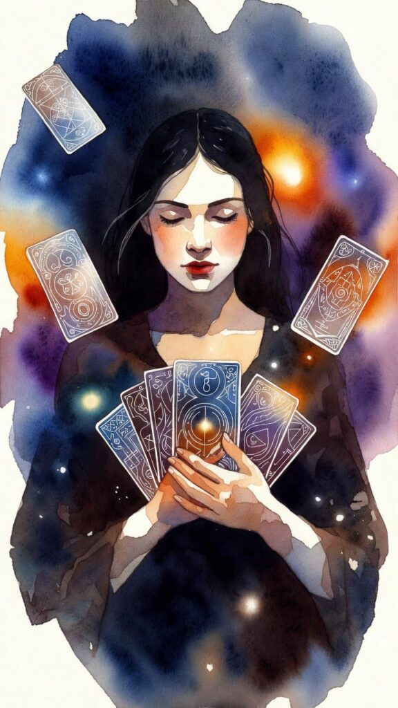 A woman holds tarot cards with more cards floating around her, set against a cosmic, starry background.