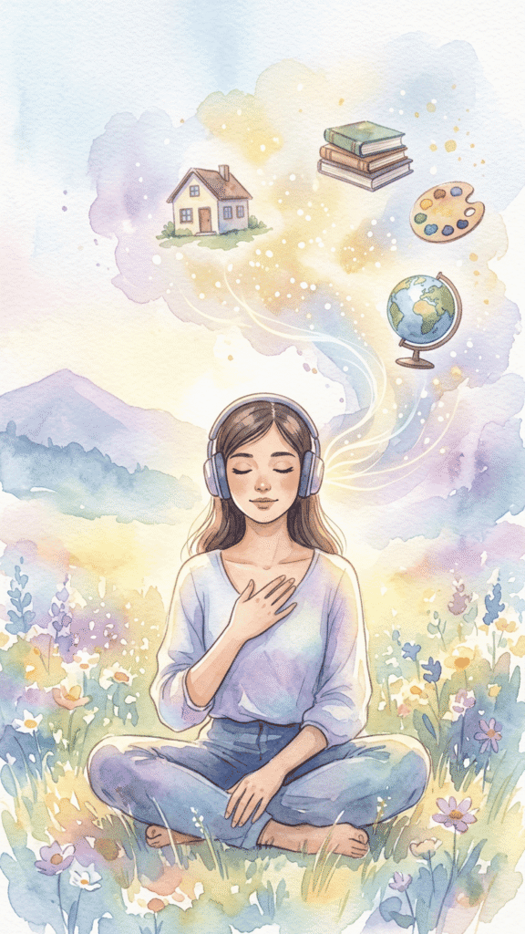 A woman sits cross-legged in a field, wearing headphones with her hand on her chest. Thought bubbles above her show a house, books, art supplies, and a globe.