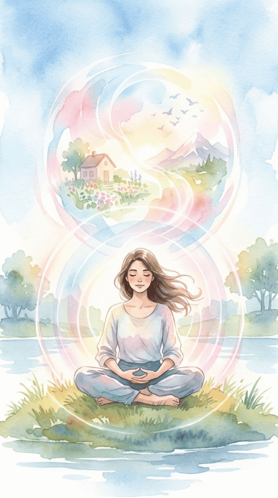 A woman sits cross-legged by a lake, meditating, with soft colorful light and images of nature and a house forming an infinity shape above her head.