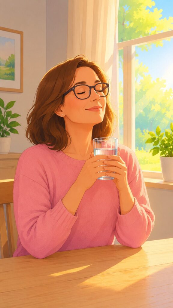 A woman wearing glasses and a pink sweater sits at a table, holding a glass of water and smiling with eyes closed, sunlight streaming through a window behind her. representing how to manifest with water