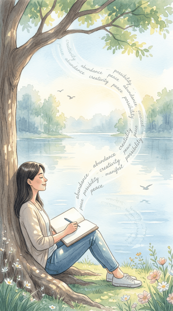 A woman sits under a tree by a lake, writing in a notebook. Words like "abundance," "creativity," and "peace" swirl around her in the air representing how to Manifest With Words