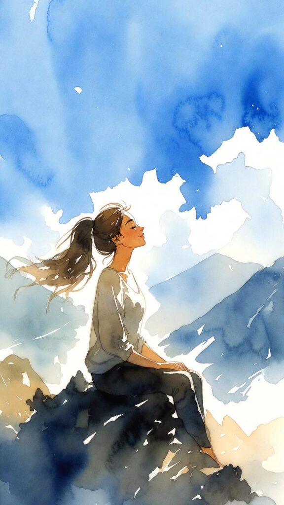 A woman with long hair sits on rocks outdoors, eyes closed, facing the sky with mountains and blue clouds in the background, depicted in a watercolor style.