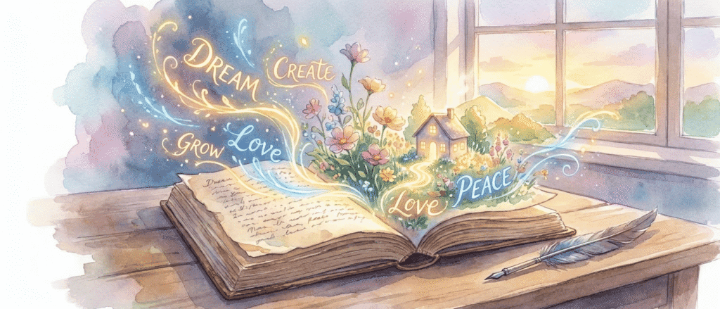 An open book with flowers, a house, and words like "Dream," "Create," "Grow," "Love," and "Peace" emerging from its pages, next to a feather pen by a sunlit window.