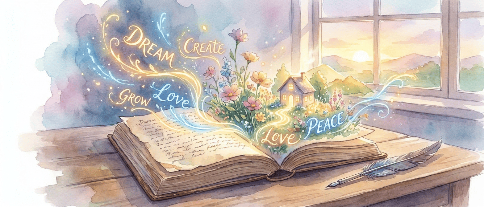 An open book with flowers, a house, and words like "Dream," "Create," "Grow," "Love," and "Peace" emerging from its pages, next to a feather pen by a sunlit window.