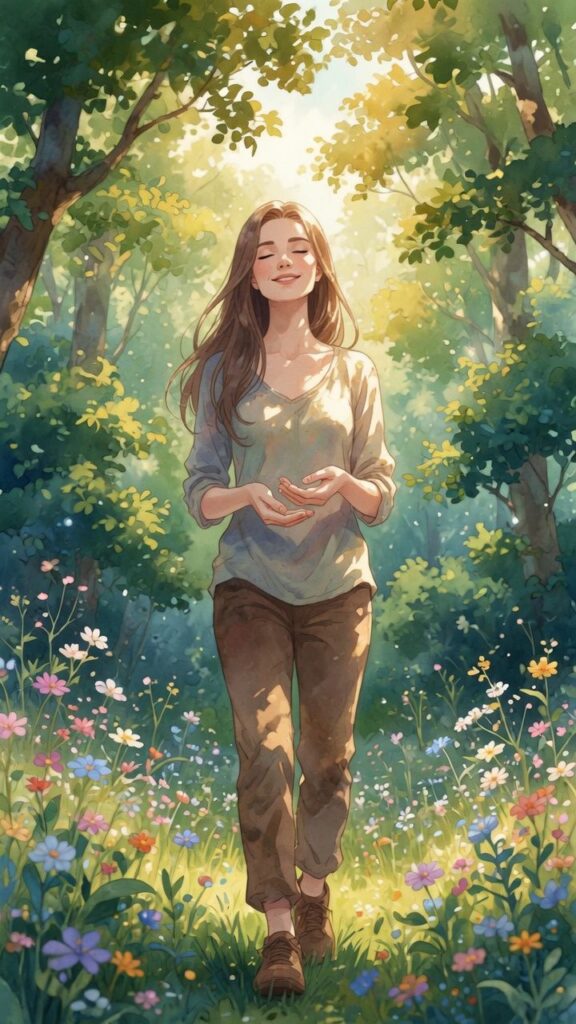 A woman walks through a sunlit forest clearing, surrounded by wildflowers and green trees, smiling with her eyes closed as if discovering new ways to manifest peace and happiness within herself.