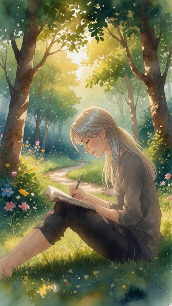 A young woman with long hair sits on grass in a sunlit forest, writing in a notebook. Flowers and trees surround her, and sunlight filters through the leaves.
