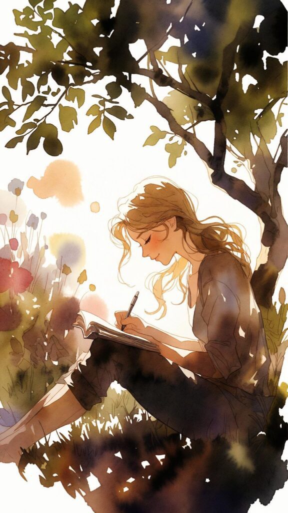 A young woman sits under a tree in a sunlit garden, writing in a notebook with flowers and greenery around her.