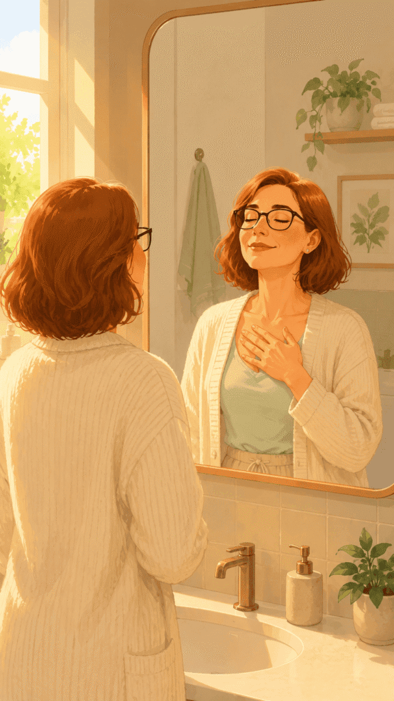 A woman with glasses stands at a bathroom sink, touching her chest and looking at herself in the mirror. Sunlight streams in, and plants are visible on a shelf, representing how to manifest with gratitude.