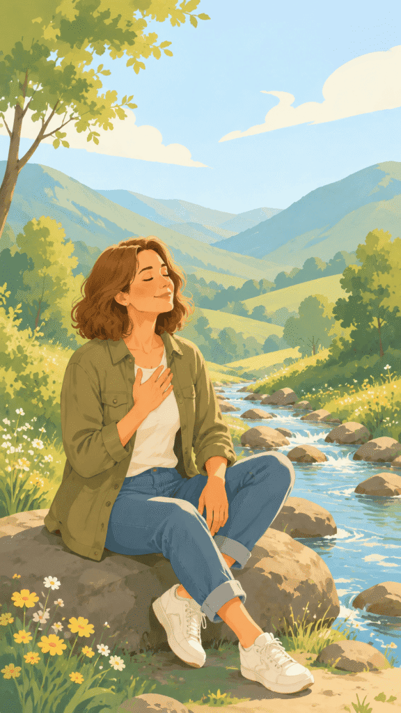 A woman sits on a rock by a stream in a sunny, green landscape, eyes closed, one hand on her chest, surrounded by wildflowers and trees, mountains visible in the background, representing manifest with gratitude