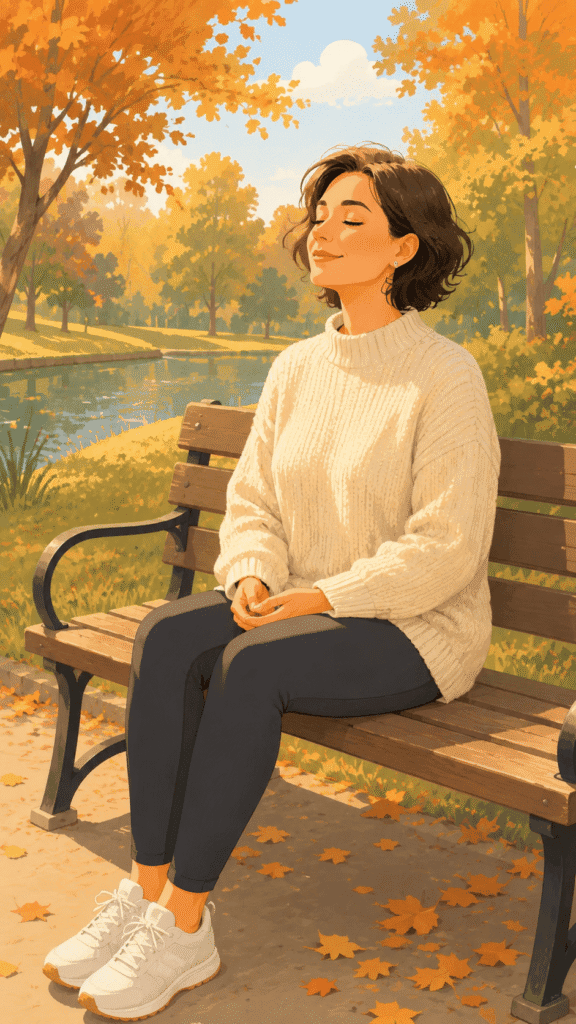 Woman in a cream sweater sits peacefully on a park bench with closed eyes, surrounded by autumn trees and fallen leaves near a pond, representing how to manifest with gratitude.