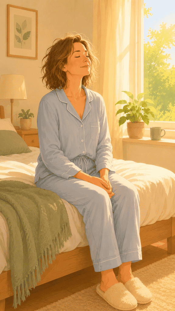 A woman in blue pajamas sits on a bed, eyes closed, enjoying sunlight through a window. The room is cozy with plants, a blanket, and warm morning light.