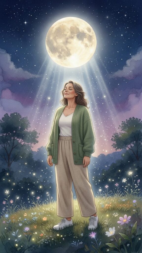 A woman stands in a field of flowers at night, eyes closed, illuminated by moonlight. The full moon shines brightly above amidst a starry sky, trees in the background.