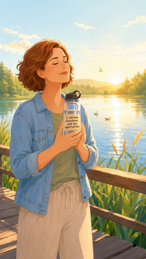 A person stands on a lakeside boardwalk at sunrise, eyes closed and smiling, holding a water bottle with the text “I welcome and invite new opportunities.” Ducks swim in the background.