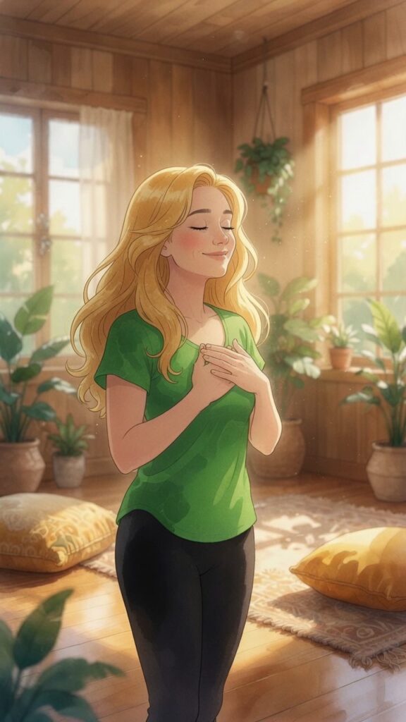 A woman with long blonde hair stands in a sunlit room with plants, eyes closed and hands on her chest, appearing calm and relaxed as she embraces one of the gentle ways to manifest inner peace.