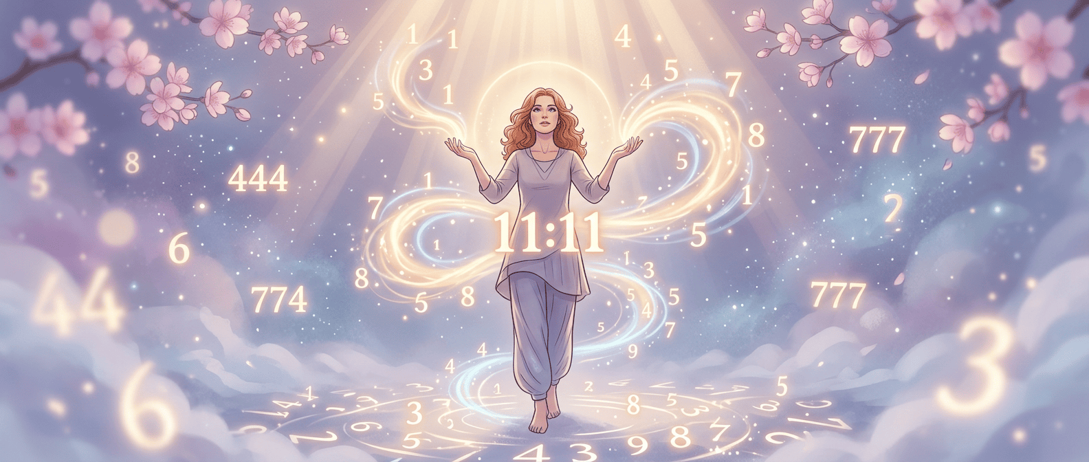 A woman in flowing clothes stands on clouds surrounded by floating numbers, glowing light, and pink flowers, with "11:11" highlighted at the center.