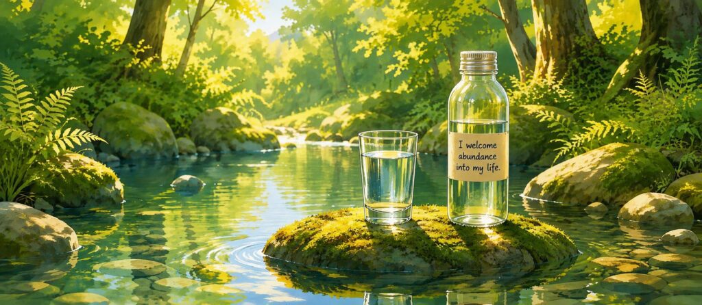 A glass and a bottle of water sit on a mossy rock in a sunlit forest stream. The bottle has a label reading, “I welcome abundance into my life.”.