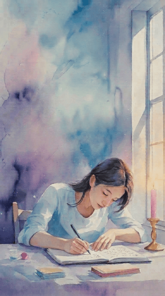 A woman sits at a table by a window, writing in a notebook with a lit candle nearby and books on the table.