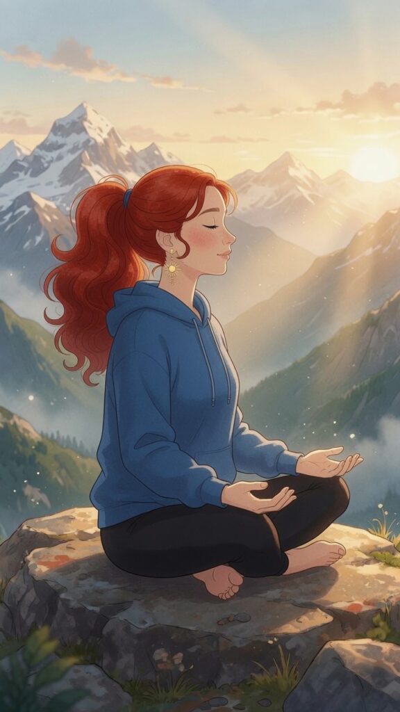 A woman with red hair sits cross-legged on a mountaintop at sunrise, meditating with eyes closed, wearing a blue hoodie and black pants, surrounded by mountains and sunlight—embracing one of the peaceful ways to manifest her intentions through mindful presence.