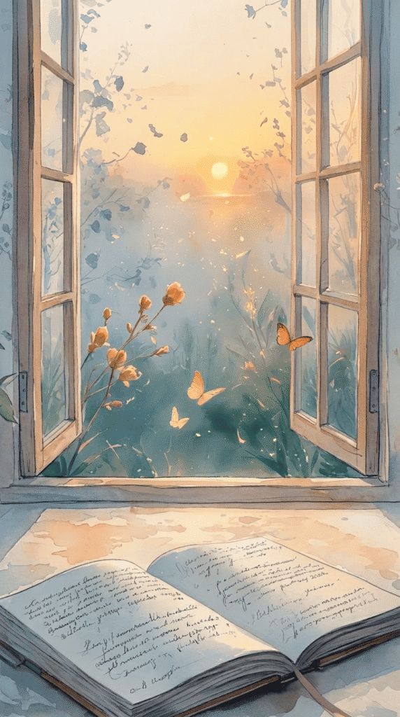 An open book rests on a windowsill with handwritten text visible. Beyond the open window, sunlit flowers, butterflies, and morning light fill a tranquil outdoor scene.