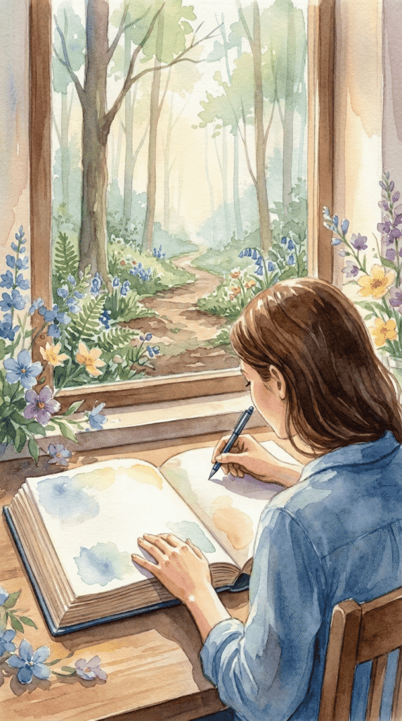 A person sits at a desk by a window, sketching in a large book while surrounded by flowers and looking out at a sunlit forest path.