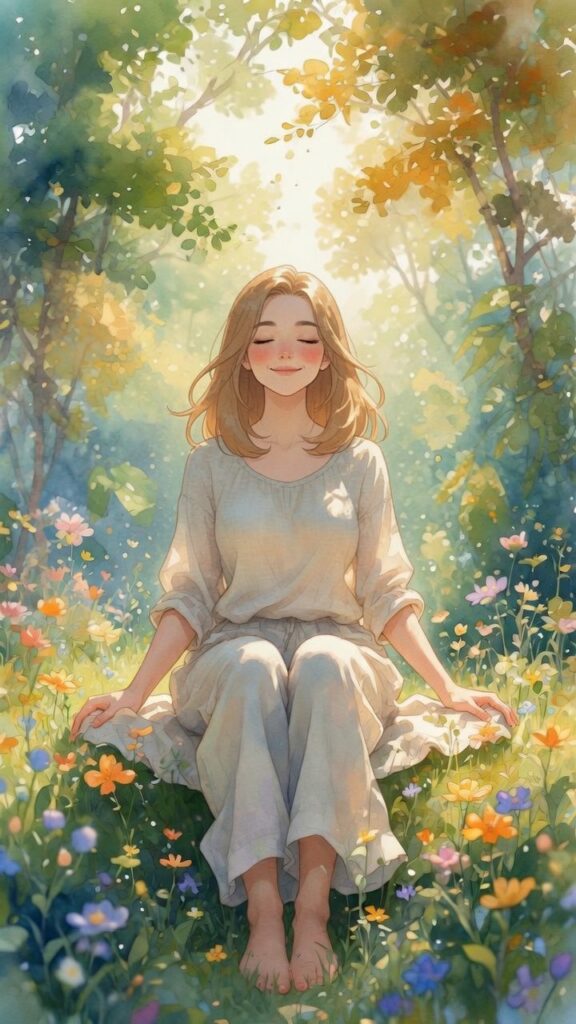 A woman with light brown hair sits cross-legged in a sunlit meadow, surrounded by colorful wildflowers and green trees, smiling peacefully with her eyes closed as she reflects on different ways to manifest her dreams.