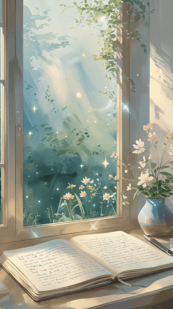 An open notebook sits on a sunlit desk by a window, with a vase of flowers and a view of a bright garden outside—perfect for learning how to manifest by scripting, as feathers and sparkles are illustrated in the scene.