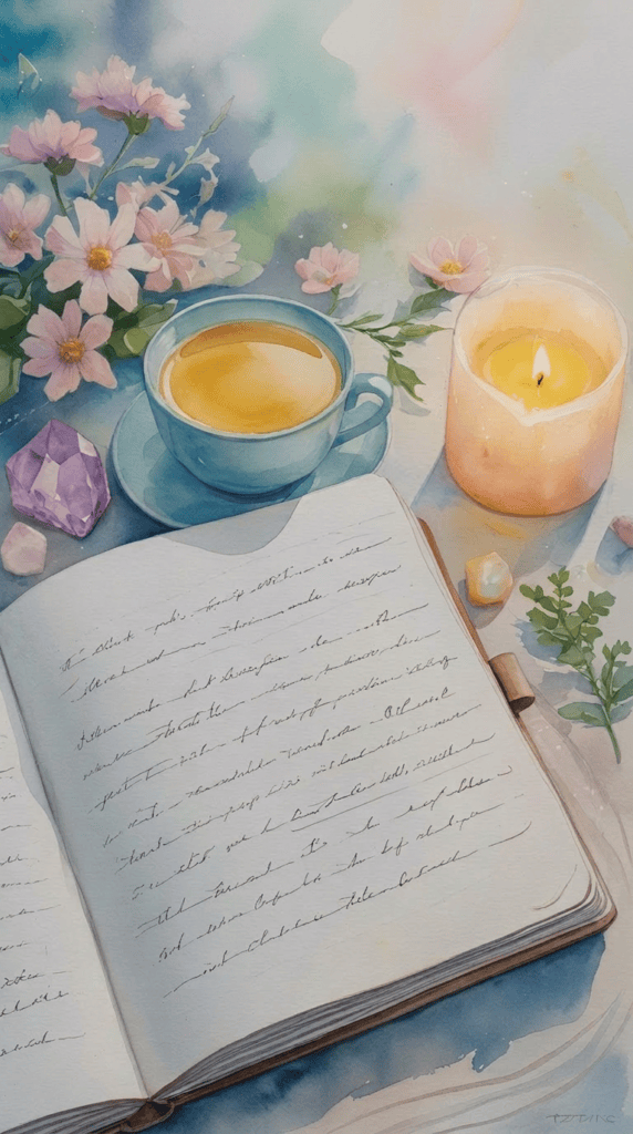 An open journal with cursive writing on how to manifest by scripting, a steaming cup of tea, a lit candle, pink flowers, and crystals arranged on a table.