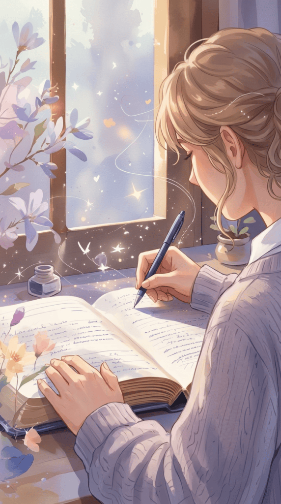 A hand writes in an open notebook on a desk by a sunlit window, surrounded by flowers and soft, whimsical sparkles—capturing the magic of how to manifest by scripting.