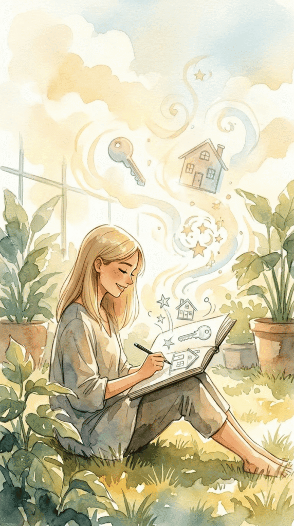 A woman sits barefoot in a garden, drawing in a sketchbook; whimsical images of houses, keys, and stars swirl above her, suggesting imagination or daydreams.