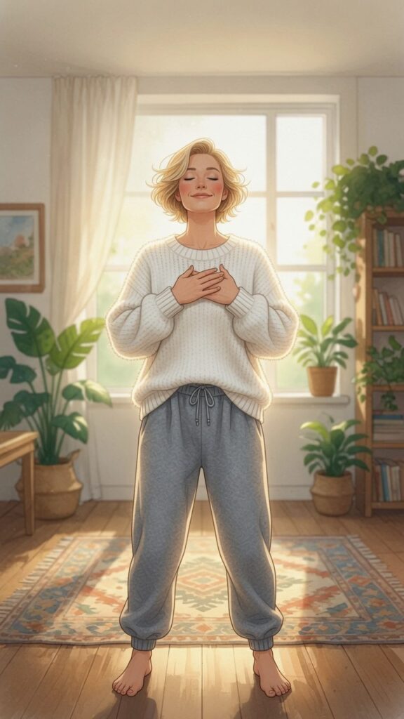 A person stands barefoot on a rug in a sunlit room, eyes closed and hands on chest, wearing a white sweater and gray sweatpants, surrounded by plants and bookshelves.