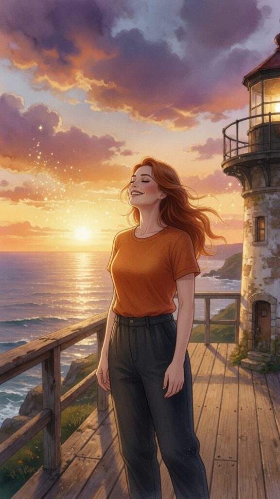 A woman stands on a wooden deck by a lighthouse at sunset, eyes closed and smiling, with golden light illuminating the ocean and sky behind her.