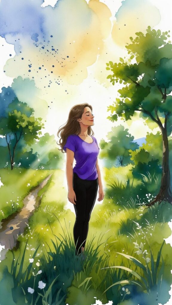 A woman in a purple shirt stands in a sunlit grassy field near a dirt path, surrounded by trees and wildflowers under a bright sky, contemplating the many ways to manifest her dreams amid nature’s quiet beauty.