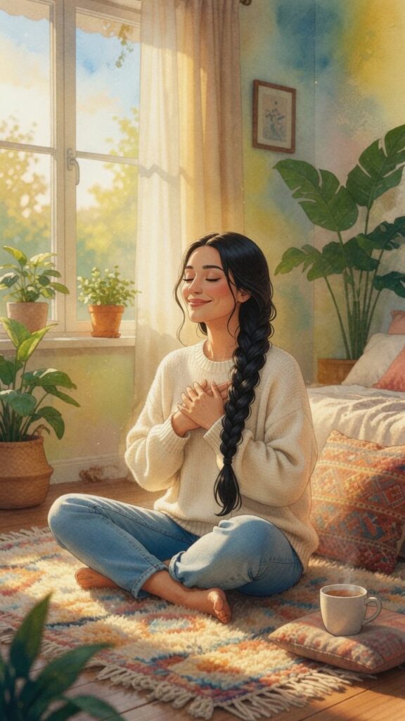 A woman with long dark braid sits cross-legged on a rug in a sunlit room, eyes closed, hands clasped, surrounded by plants, pillows, and a cup on the floor.