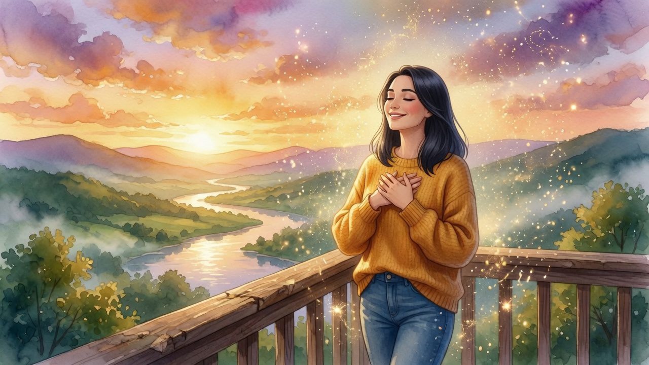 A woman in a yellow sweater stands on a balcony at sunset, eyes closed and hands on chest, surrounded by sparkles, overlooking a river and mountains.