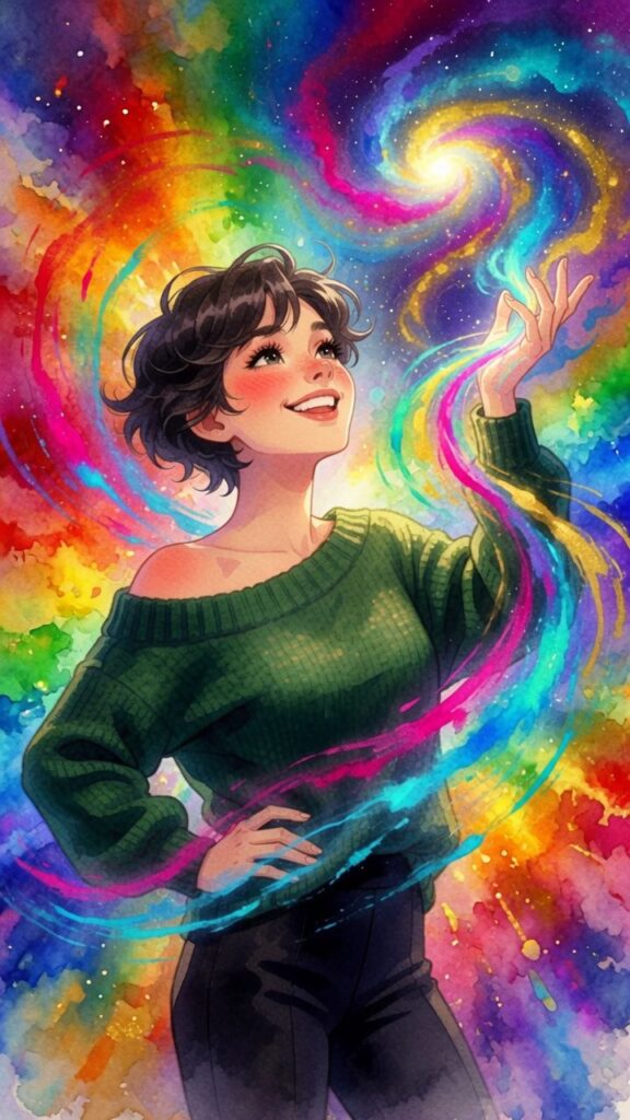 Smiling woman with short hair in a green sweater stands amid swirling, colorful cosmic energy, holding a glowing spiral of light above her hand against a vibrant rainbow background.