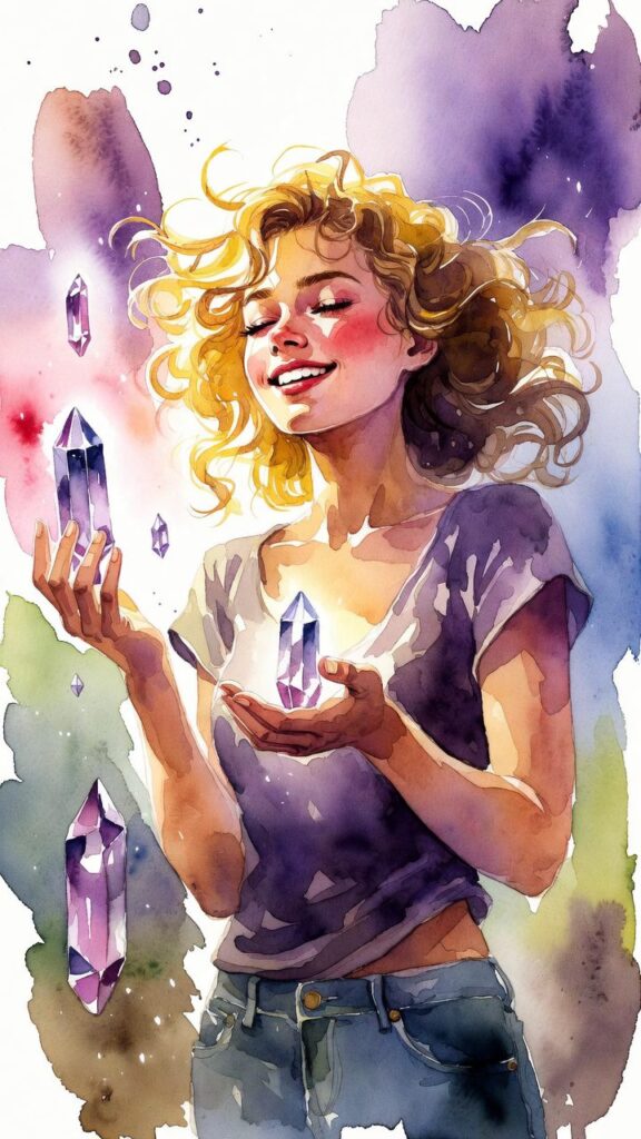 Young woman with curly blond hair smiles while holding glowing purple crystals in her hands, surrounded by floating crystals and watercolor splashes.